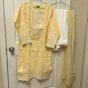 Pakistani Indian shalwar kameez 3 piece embroidered suit in yellow color #421